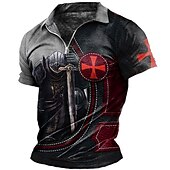 cheap Men&#039;s Vintage Polo-Men&#039;s Knights Templar Zip Polo Shirts Golf Shirt Short Sleeve Polo Shirts Collared Shirts Vintage Casual Vacation Wear Festival Wear Party Outfits 3D Print Quarter Zip Polo Black / Red Black Pink