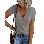 cheap Plain tee-Women&#039;s Henley Shirt T shirt Tee Black White Pink Plain Button Short Sleeve Casual Daily Sexy Round Neck Regular S
