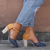 billige Block Heels-kvinners blå og gule tofargede t-remsko med hæl for vintage og fritidsklær
