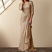 voordelige Vloerlengte-Sheath Moeder van de Bruid Jurk Elegante Bateau Hals Vloerlengte Chiffon Kant 3/4 Lengte Mouw met Kant vrije aangepaste maat