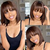 cheap Human Hair Capless Wigs-Short Human Hair Wig with Fringe for Women Straight Remy Hair Bob Wigs With Bangs Dark Brown Balayage Highlight Ombre Color