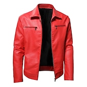 preiswerte Kunstlederjacke-Herren Kunstlederjacke übergangsjacke Bikerjacke Rote Lederjacke Party Alltagstauglich Thermowarm Winddicht Kunstpelzbesatz Herbst Einfarbig Punk Mode Revers Regulär Kunstleder Schlank Schwarz Rote