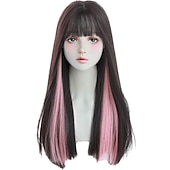 abordables Perruques Synthétiques Sans Bonnet-perruques rouges avec une frange rouge bordeaux synthétique longue perruque droite pour les femmes partie et cosplay perruque rouge vif