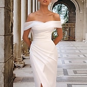 economico abiti da sposa casual-Abiti da sposa casual in sala abito aderente spalle scoperte maniche a cappuccio strascico cortile abiti da sposa in raso con spacco frontale drappeggiato laterale