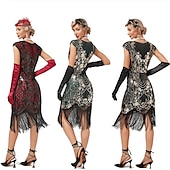 billige 1920-talls kjoler-De livlige 20-årene 1920-tallet Cocktail Kjole Knelengde Flapper kjole Kjoler Drakter Ermeløs Den store Gatsby Charleston Store størrelser Dusk Fjær V-hals Kostyme Dame Karneval Nytt År Maskerade