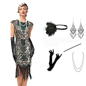 billige 1920-talls kjoler-De livlige 20-årene 1920-tallet Cocktail Kjole Knelengde Flapper kjole Kjoler Drakter Ermeløs Den store Gatsby Charleston Store størrelser Dusk Fjær V-hals Kostyme Dame Karneval Nytt År Maskerade