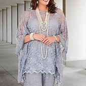 cheap Mom&#039;s Jumpsuits-Beach Wedding Jumpsuit / Pantsuit Mother of the Bride  Plus Size Jewel Neck Floor Length Chiffon Long Sleeve with Lace 2025 free custom size