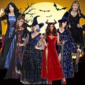 voordelige Halloweenkostuums-Stel Heks Stel Kostuums Vrouwen Film Cosplay Cosplay Halloween Wijnrood Zwart Rood Jurk Halloween Carnaval Maskerade voor Walpurgisnacht