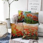 cheap Floral &amp; Plants Style-Set of 4 Artistic Flowers Square Decorative Throw Pillow Cases Sofa Cushion Covers  Home Sofa Decorative  Faux Linen Cushion Cover for Sofa Couch Bed Chair Red