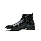 baratos Botas de vestir-Botas masculinas de couro sintético com padrão de crocodilo marrom, fivela e zíper lateral – botas sociais elegantes para uso formal e casual