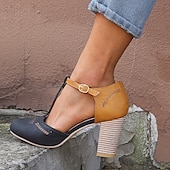 billige Block Heels-kvinners blå og gule tofargede t-remsko med hæl for vintage og fritidsklær