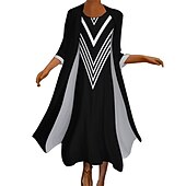 cheap Work Dresses-Women&#039;s Long Dress Maxi Dress Dress Set Two Piece Dress Church Dress Vacation Casual Winter Dress Holiday Date Loose Fit Color Block Long Sleeve Crew Neck Black and white stripes Fall Winter