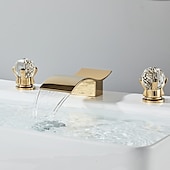 cheap Multi Holes-Bathroom Sink Faucet with Two Crystal Knob Handles Waterfall Matte Black/Chrome Deck Mounted Widespread 3 Holes Bathroom Faucets for Bathtub or Sink