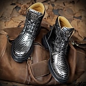 preiswerte Stiefeletten-Blaue Stiefeletten aus Lackleder mit Python-Print und Schnürung für Herren – auffällige Hochglanzstiefel für modische Freizeit- und Abendlooks