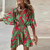 abordables Robes de vacances-Femme Mini robe Robe casual mode Moderne Décontractées Vacances du quotidien Sortie Standard Floral Imprime Demi Manches Col V Noir Rouge Orange Vert Eté Printemps