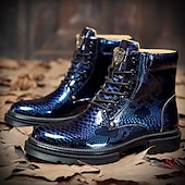 preiswerte Stiefeletten-Blaue Stiefeletten aus Lackleder mit Python-Print und Schnürung für Herren – auffällige Hochglanzstiefel für modische Freizeit- und Abendlooks