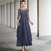 billiga Golvlängd-A-linjeformad klänning för brudens mor bröllopsgäst elegant plus size juvelhals ankellängd chiffong spets 3/4 längd ärm med ruched paljetter applikationer gratis anpassad storlek