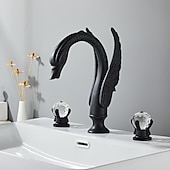 cheap Multi Holes-Widespread Bathroom Sink Mixer Faucet Swan Shape, Vintage Brass 3 Hole 2 Handle Basin Tap Deck Mounted, Washroom Basin Vessel Water Tap with Hot and Cold Hose