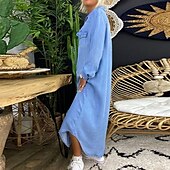 cheap Shirt Dresses-Women&#039;s Denim Dress Casual Dress Shift Dress Maxi long Dress Cotton Denim Casual Mature Outdoor Winter Dress Daily Shirt Collar Button Pocket Long Sleeve Summer Spring Fall 2023 Loose Fit Black Dark