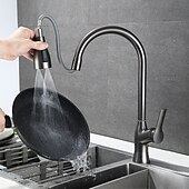お買い得  キッチン用水栓金具-プルアウトスプレー付きキッチン蛇口、シングルハンドル1穴回転式電気メッキプルアウト/プルダウン/標準スパウト/トール/ハイアークセンターセットモダンコンテンポラリースタイルキッチンタップ