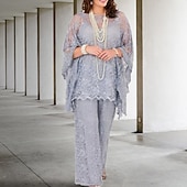 cheap Mom&#039;s Jumpsuits-Beach Wedding Jumpsuit / Pantsuit Mother of the Bride  Plus Size Jewel Neck Floor Length Chiffon Long Sleeve with Lace 2025 free custom size