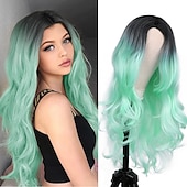 economico Parrucche dei personaggi dei film-amo le parrucche bluastre verdi ombre lunghe ricce ondulate blu acquamarina parrucca con parte laterale 2 toni radici scure parrucche sintetiche per feste quotidiane cosplay per donne parrucche di