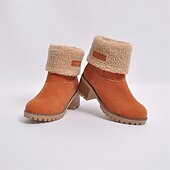 cheap Snow &amp; Winter Boots-Women&#039;s Faux Suede Ankle Boots with Fleece Lining and Fold-Over Cuff, Block Heel Winter Boots Available in Multiple Colors