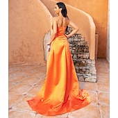 cheap ORANGE-Mermaid Sequin Evening Gown Sexy Dress Wedding Guest Cocktail Party Court Train Sleeveless Strapless Bridesmaid Dress Satin with Beading Pure Color Masquerade Dress