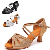 economico Scarpe per balli latini-Scarpe da ballo latino con cinturini dorati da donna – tacchi alti con suola in pelle scamosciata per salsa, ballo da sala e prove