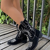 cheap Cowboy &amp; Western Boots-Women&#039;s Vintage Suede Cowboy Boots - Comfortable Western Style Mid-Calf Boots for Outdoor and Casual Wear