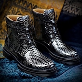 preiswerte Stiefeletten-Blaue Stiefeletten aus Lackleder mit Python-Print und Schnürung für Herren – auffällige Hochglanzstiefel für modische Freizeit- und Abendlooks