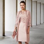 cheap With Jacket-Two Piece Sheath Mother of the Bride Dress Church Elegant Jewel Neck Knee Length Chiffon Lace Short Sleeve Jacket Dresses with Appliques free custom size