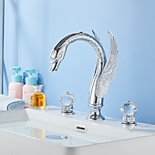 cheap Multi Holes-Widespread Bathroom Sink Mixer Faucet Swan Shape, Vintage Brass 3 Hole 2 Handle Basin Tap Deck Mounted, Washroom Basin Vessel Water Tap with Hot and Cold Hose