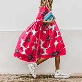abordables Robes de vacances-Femme Robe mi-longue Robe Évasée robe boheme Décontractées Bohème Extérieur Vacances du quotidien Standard Floral Manches 3/4 Col Rond Blanche Jaune Rouge Bleu Eté Printemps