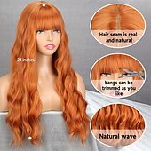 billige Syntetiske trendy parykker-lang oransje parykk med pannelugg bølget krøllet ingefær bangs parykk syntetisk kvinner oransje lang parykk naturlig leter etter daglig og halloween fest