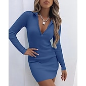 cheap Sweater Dress-Women&#039;s Valentine Sweater Dress Knit Dress Jumper Dress Mini Dress Knitwear Stylish Sexy Pure Color Winter Dress Date Fall Dress Shirt Collar Long Sleeve Zipper Knit 2023 Regular Fit Black White Red