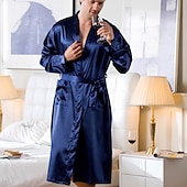 cheap Men&#039;s Robes-Men&#039;s Robe Silk Robe Robes Gown Sleepwear 1 PCS Pure Color Fashion Comfort Soft Home Bed Faux Silk Polyester Breathable V Wire Long Sleeve Basic Fall Spring Black White