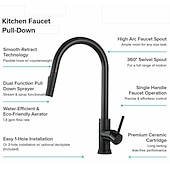 abordables Mitigeurs avec spray-Robinet mitigeur d&#039;évier de cuisine avec pulvérisateur extractible, robinet de récipient rotatif en acier inoxydable, robinet de pulvérisation en mode pluie/cascade, robinet de robinet de cuisine noir et argent avec distributeur de savon