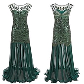 voordelige Jurken-Roaring jaren &#039;20 Jaren 1920 Cocktail jurk Tot de grond Flapper jurk Jurken Gala jurk Mouwloos The Great Gatsby Charleston Bruiloftsgast Pailletten Kant Blad Kwastje Dames Halloween Valentijnsdag