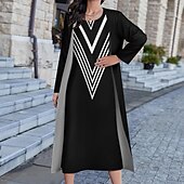 cheap Work Dresses-Women&#039;s Long Dress Maxi Dress Dress Set Two Piece Dress Church Dress Vacation Casual Winter Dress Holiday Date Loose Fit Color Block Long Sleeve Crew Neck Black and white stripes Fall Winter