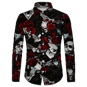 economico Giorno dei Morti Costume-Per uomo Rosa Floreale Teschi Camicia Manica lunga Di tendenza Originale Informale Halloween Strada Informale Autunno inverno Collo ripiegabile Stampa Bottone giù Nero e rosso Vinaccia Nero Bianco