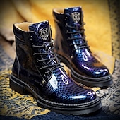 preiswerte Stiefeletten-Blaue Stiefeletten aus Lackleder mit Python-Print und Schnürung für Herren – auffällige Hochglanzstiefel für modische Freizeit- und Abendlooks