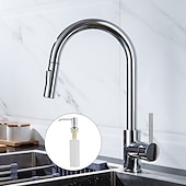 abordables Mitigeurs avec spray-Robinet mitigeur d&#039;évier de cuisine avec pulvérisateur extractible, robinet de récipient rotatif en acier inoxydable, robinet de pulvérisation en mode pluie/cascade, robinet de robinet de cuisine noir et argent avec distributeur de savon