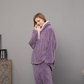 cheap Women&#039;s Sleepwear-Women&#039;s Pajamas Pjs Sets 2 Pieces Pure Color Fashion Plush Comfort Home Vacation Fleece V Wire Long Sleeve Pullover Pant Elastic Waist Fall Winter Home Outfits