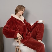 cheap Women&#039;s Sleepwear-Women&#039;s Pajamas Pjs Sets 2 Pieces Pure Color Fashion Plush Comfort Home Vacation Fleece V Wire Long Sleeve Pullover Pant Elastic Waist Fall Winter Home Outfits