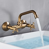 abordables mural-Robinet mitigeur mural pour évier de salle de bain, robinets de lavabo vintage à 2 poignées et 3 trous avec tuyau d&#039;eau chaude froide, robinets de vasque mono lavabo montés sur le pont en bronze huilé