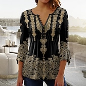 cheap Boho tee-Women&#039;s T shirt Long Sleeve Blouse Graphic Vintage Basic Long Sleeve Round Neck Regular Tops Casual Weekend Buttons Print Black Spring Fall Prefall