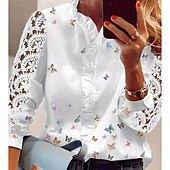 preiswerte Blusen-Damen Spitzenhemd T Shirt Bluse Öse oben Spitze Täglich Modern V Ausschnitt Weiß Frühling &amp; Herbst Herbst Winter