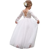 billiga Brudnäbbsklänningar-Barn flickors blommig klänning strandbröllop avslappnad tulle klänning fest rynkad mesh spets grön vit blå maxi lång ärm prinsessan söta klänningar festklänning online vanlig passform 4-13 år klänning