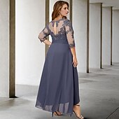 Χαμηλού Κόστους Μήκος δαπέδου-Φόρεμα μητέρας της νύφης A-Line Plus Size Curve Πολυτελές φόρεμα Επίσημου γάμου Φιλοξενούμενου Ασύμμετρο 3/4 μήκος μανίκια Κόσμημα λαιμός από σιφόν με πτυχώσεις Ραμμένες εφαρμογές 2025 ελεύθερου